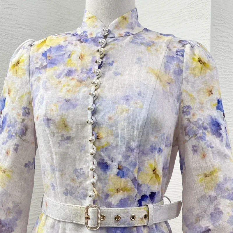 Новое светло-фиолетовое фиолетовое желтое с цветочным принтом из чистого льна