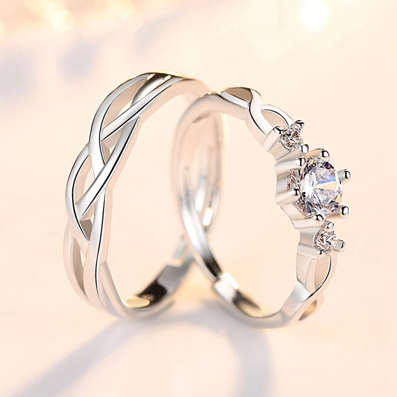

New 925 Silver Plated Couple Rings For Lovers Geometric Zircon Adjustable Ring Women Men Anniversary Wedding Jewelry Accessories