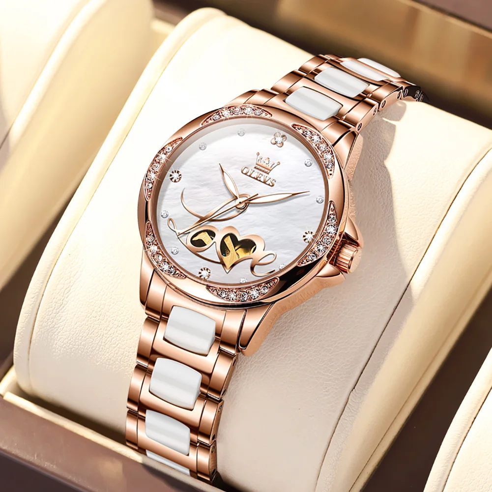 OLEVS Watches for Women Automatic Mechanical Luxury Ladies Wristwatch Diamond Stainless Steel Ceramic Waterproof Bracelet Set