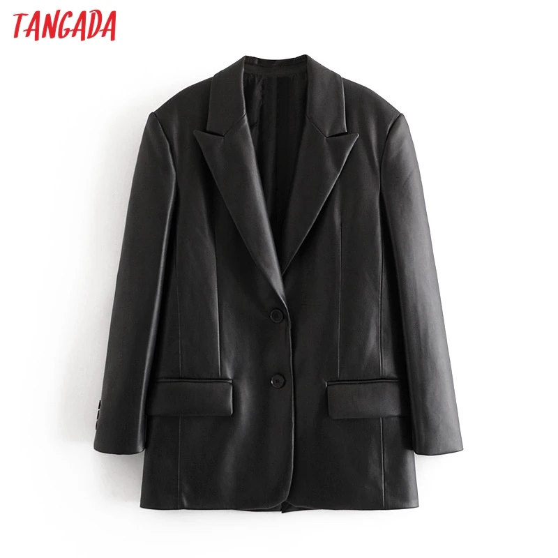 

Tangada Women Black Faux Leather Blazer Coat Vintage Notched Collar Long Sleeve 2020 Fashion Female Loose Chic Tops QN37