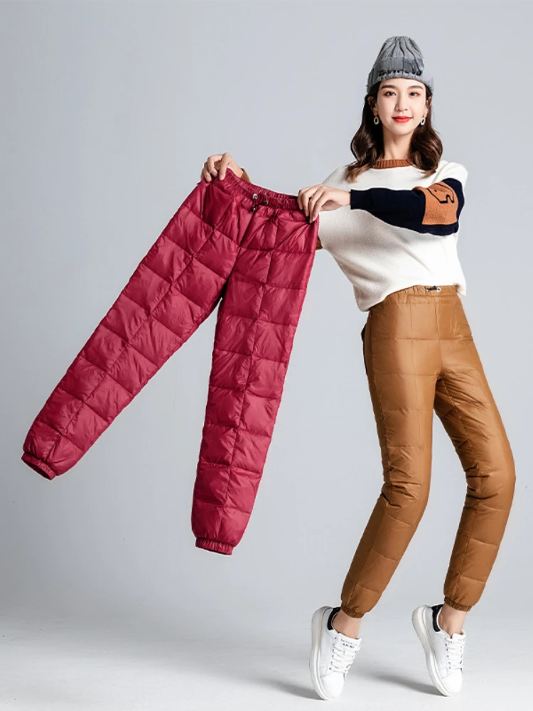 

Down Pants High Waist White Duck Down Thickened Warm Trousers Casual Solid Elastic Waist Fashion 2022 Winter New Ski Down Pants