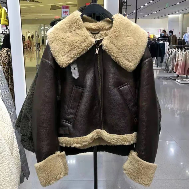 Leather Jacket 2022 Women's Winter Lambskin Faux Fur Effect Casual Loose Warm Jacket Cotton Jacket Chaqueta De Piel Sintética