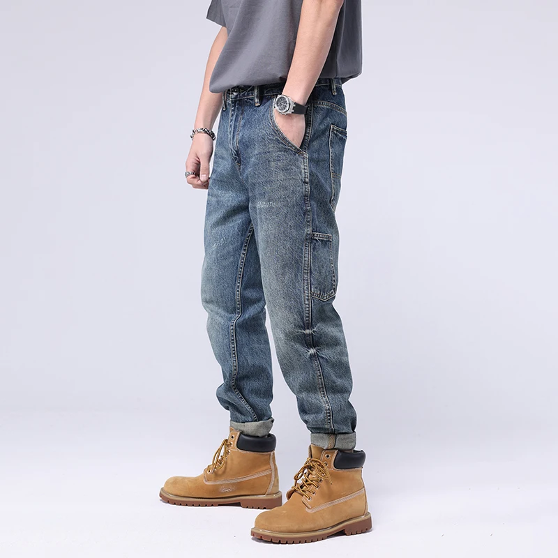 Streetwear Fashion Loose Jeans Men Retro Blue Multi Pockets Casual Denim Cargo Pants Men Overall Hip Hop Jeans Wide Leg Trousers