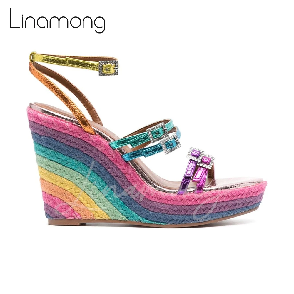 Rainbow Print Espadrille Wedges Genuine Leather Buckle Sandals Mixed Color Rhinestone Bling Bling High Heels Women Summer Shoes