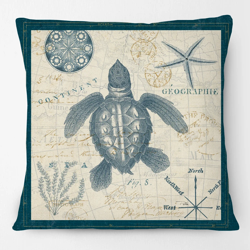 

Retro Vintage Ocean Life Cushion Cover Sea Shells Conch Starfish Coral Print Decorative Pillow Case
