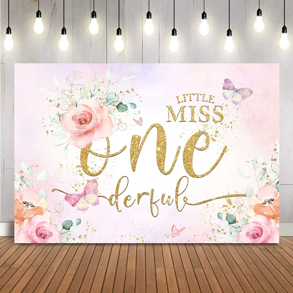 

Little Miss Onederful Backdrop Pink Flowers Newborn Girls Butterfly Photo Background 1st BIrthday Party Decoration Banner Props