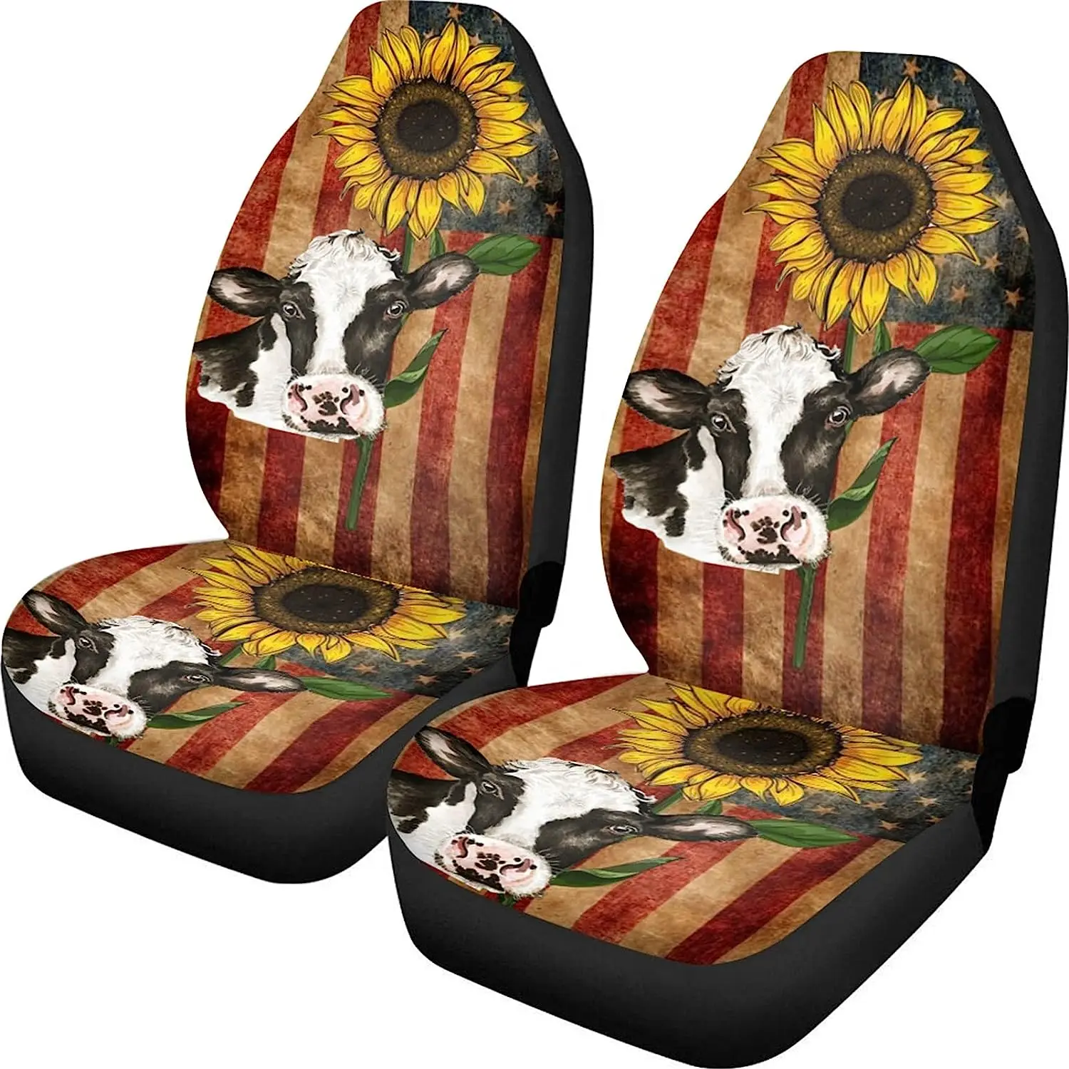 

Car Seat Covers Full Set 2 Piece with USA Flag Sunflower Cow Pattern Polyester Stretchy Lightweight Seats Protectors Universal