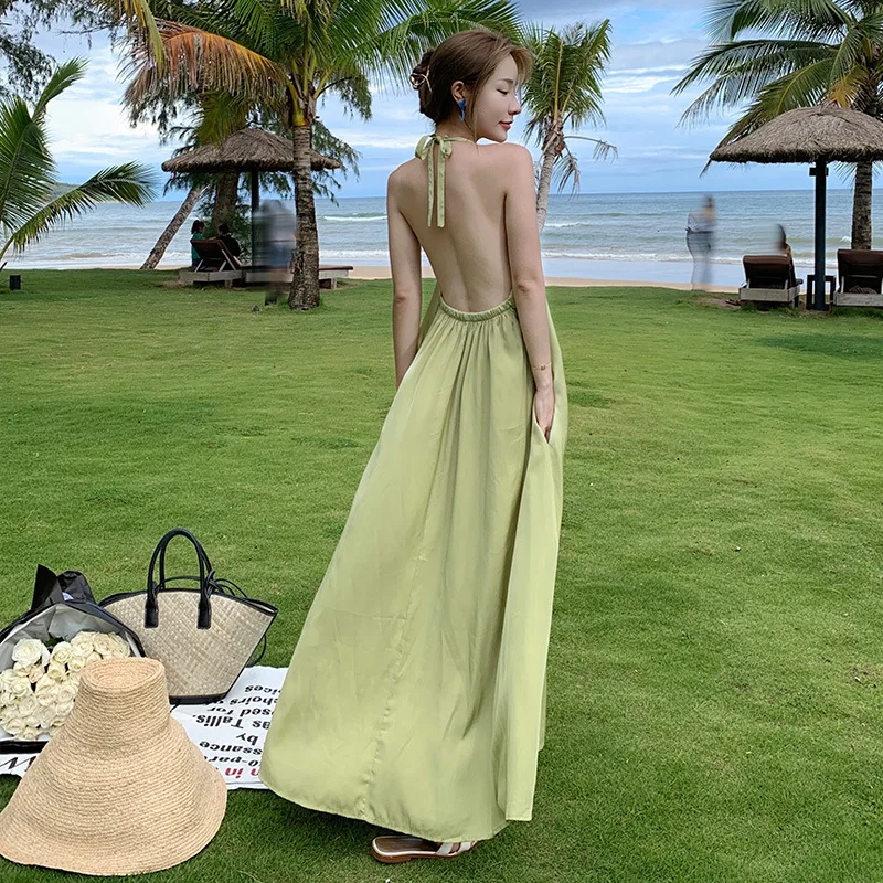 

Korean Fashion Vestido Elegante Light Green Dresses Retro Sexy Halter Neck Women Summer Loose Beach Seaside Backless Dress