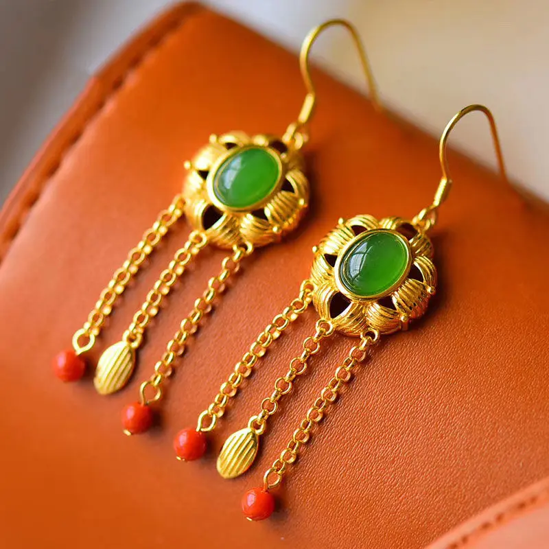 

Серьги-кисточки из натурального нефрита в китайском стиле