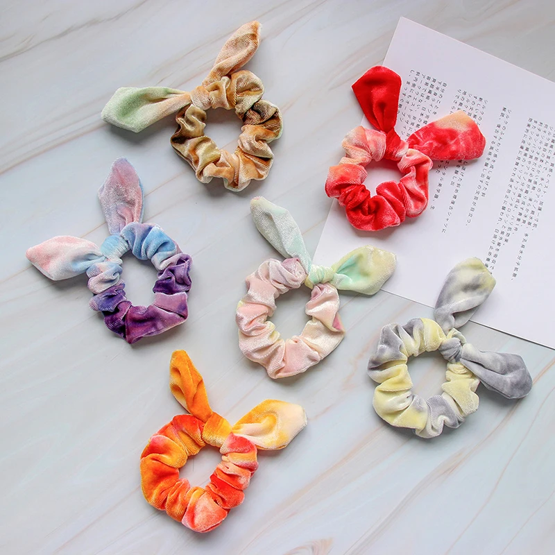 

Sweet Velvet Bow Hair Scrunchies Rabbit Ear Knot Hair Rubber Band Tie-dyed Plush Elastic Hair Band Women Girls Hair Accessories