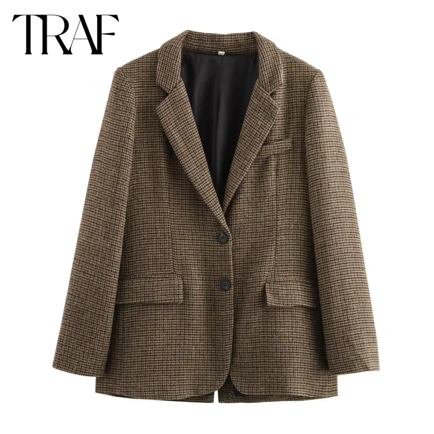TRAF шерстяные блейзеры для женщин мода 2024 осень-зима новый клетчатый однобортный