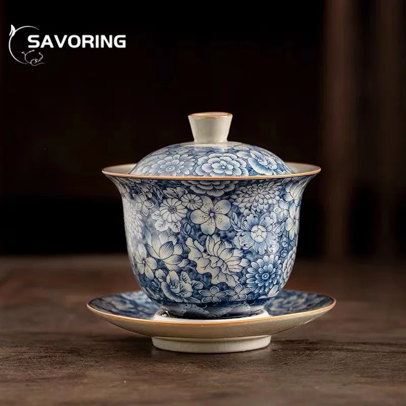 

Retro Old Pottery Clay Gaiwan Blue and Whit Tea Bowl Tea Tureen Tea Maker Cover Bowl Chinese Kung Fu Tea Set Supplies Collection