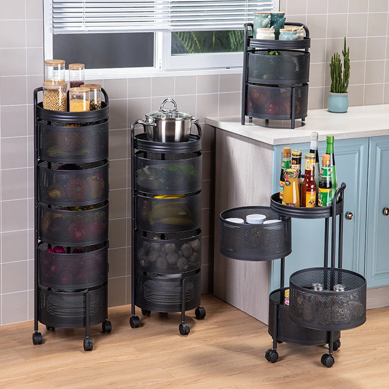 Kitchen Storage Bathroom Organizer Fruit Rack Shelves Rotating Basket Shelf Trolley Gadgets |