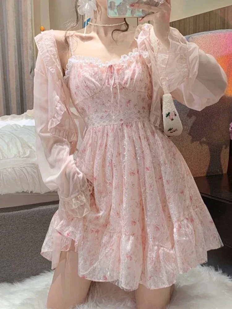 

2 Piece Dress Set Women Floral Mini Dress + Casual Blouse Korean Fashion Suits Kawaii Clothing Lolita Dress Party 2022 Summer