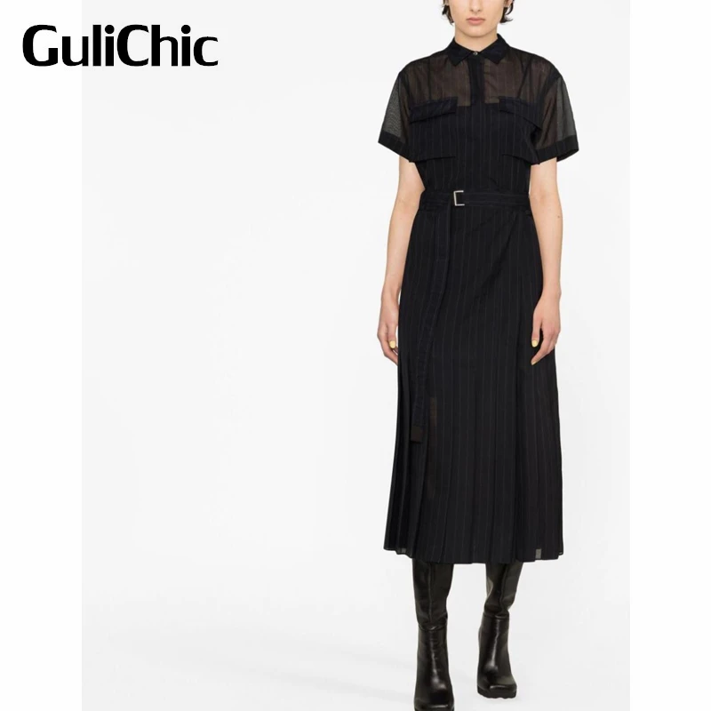 6.26 GuliChic Women Temperament Short Sleeve With Belt Striped Print Casual Pleated Dress