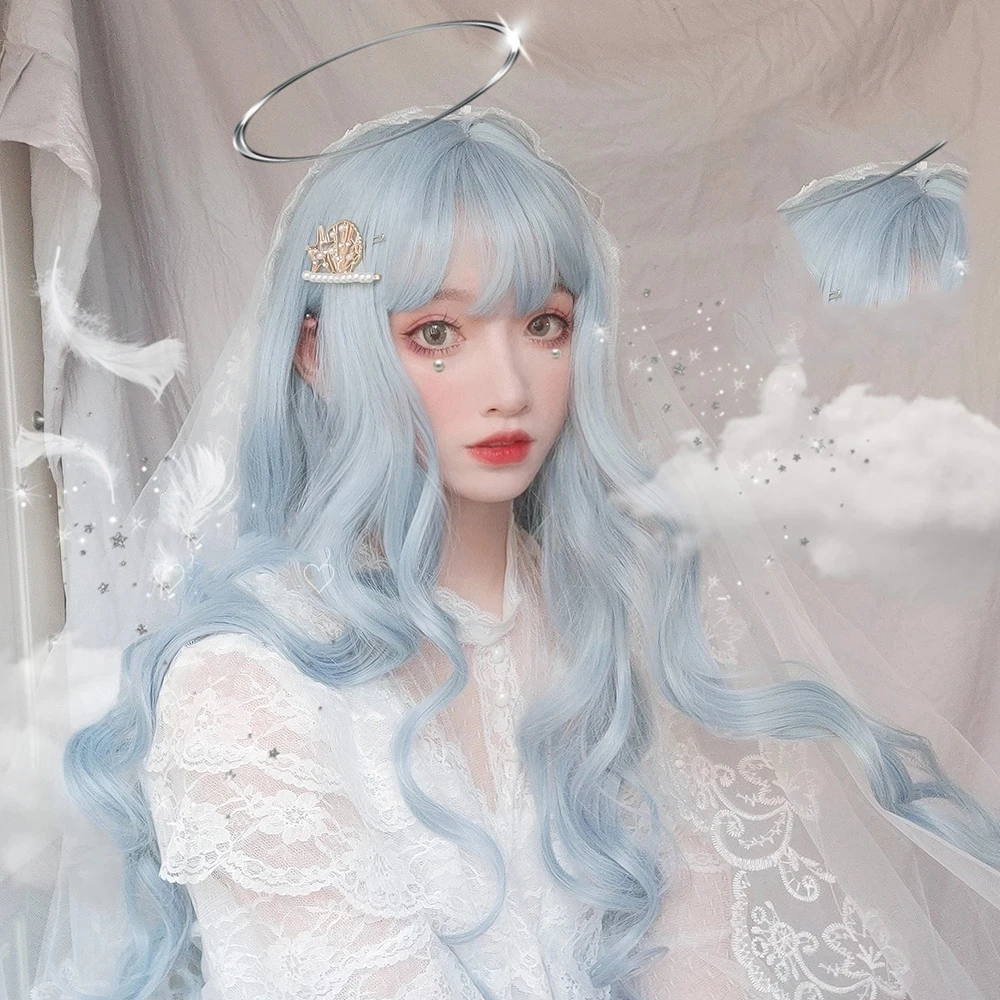 

Lolita 70CM Long Curly Blue Ombre Heat Resistant Bangs Cute Party Synthetic Cosplay Wig + wig cap