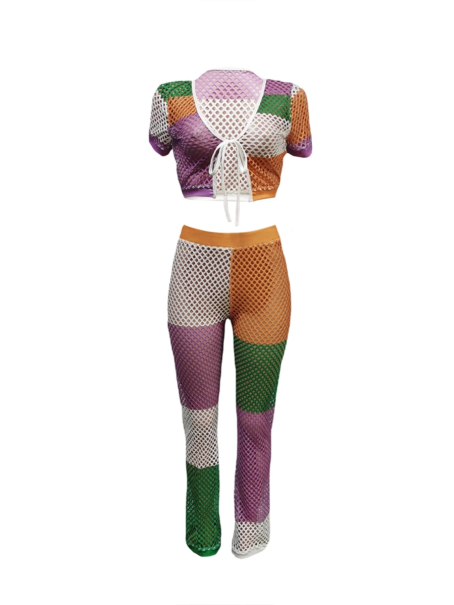 

Women Casual Two Piece Outfits Hollow Out Crochet Knitted Tie Up Cardigan Crop Tops Cover Up Pants Set Beach Outfit