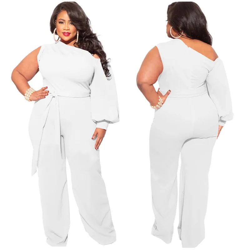 Plus Size Office Lady Jumpsuit for Women One Shoulder Lace Up Wide Leg Pants One Piece Elegant Night Party Club Romper 2022 Wear