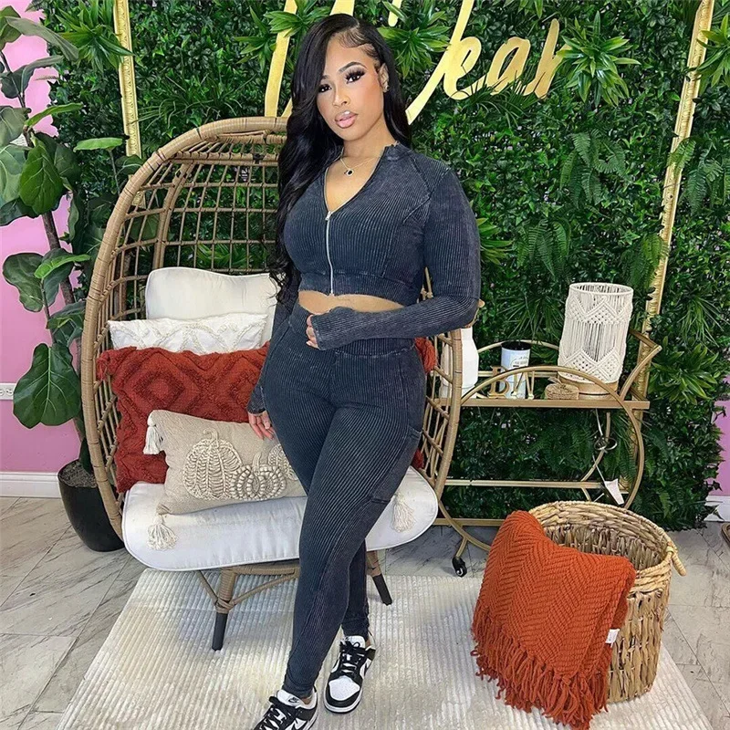 

Женский комплект из 2 предметов, повседневный облегающий Трикотажный костюм в рубчик на молнии и леггинсы, уличная одежда, подходящий эластичный спортивный костюм для фитнеса