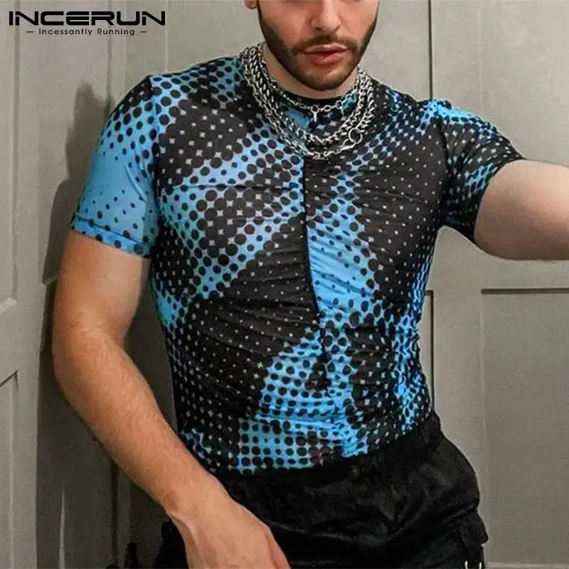 

Топы INCERUN 2022, футболки в американском стиле, модная Новая мужская футболка в горошек, Стильная мужская облегающая футболка с коротким рукаво...