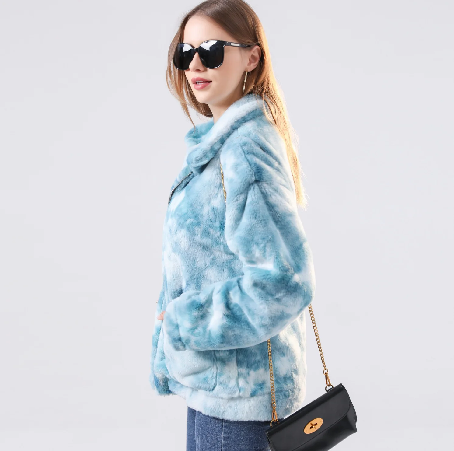 Women's Fur Coat Autumn and Winter Plush Color Tie-Dyed Long-Sleeved Jacket for Women Faux Fur Coat