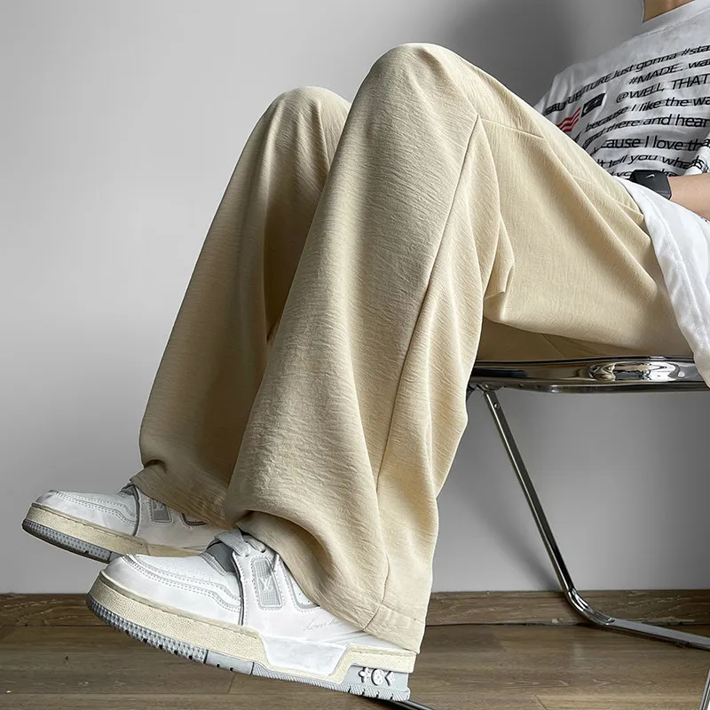 Pants Men's Summer Ice Silk Wrinkle Yamamoto Wide-Leg Loose Casual Trousers Idle Sle Cotton Linen Air Conditioning St...