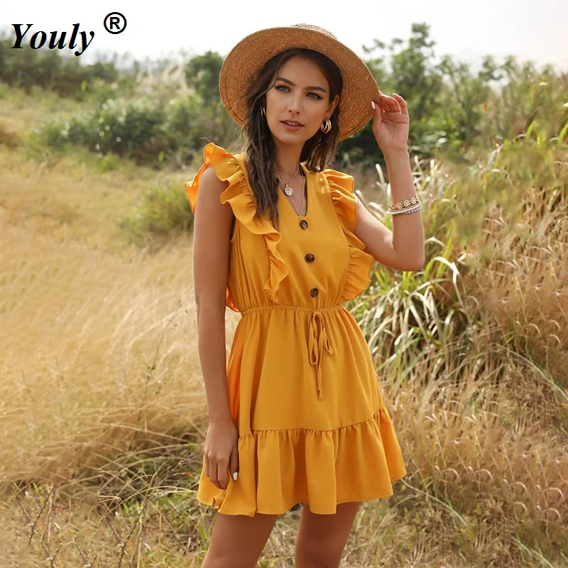

Elegant Lace Up Ruffle Sleeve Buttons Ladies Mini Dress Women Casual Sexy Sleeveless Ruffles V-neck Boho Beach Party Dress