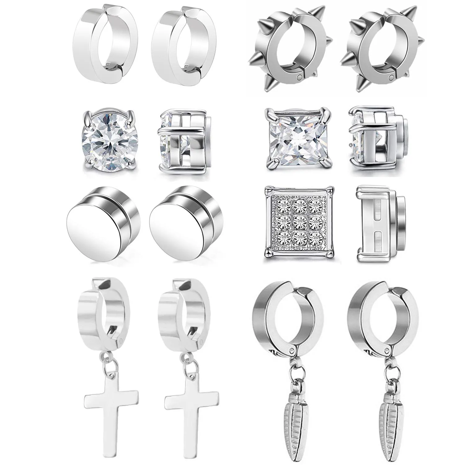 

8 Pairs Stainless Steel Non Pierced Magnetic Earrings for Men Women Silver CZ Clip on Dangle Earrings Set