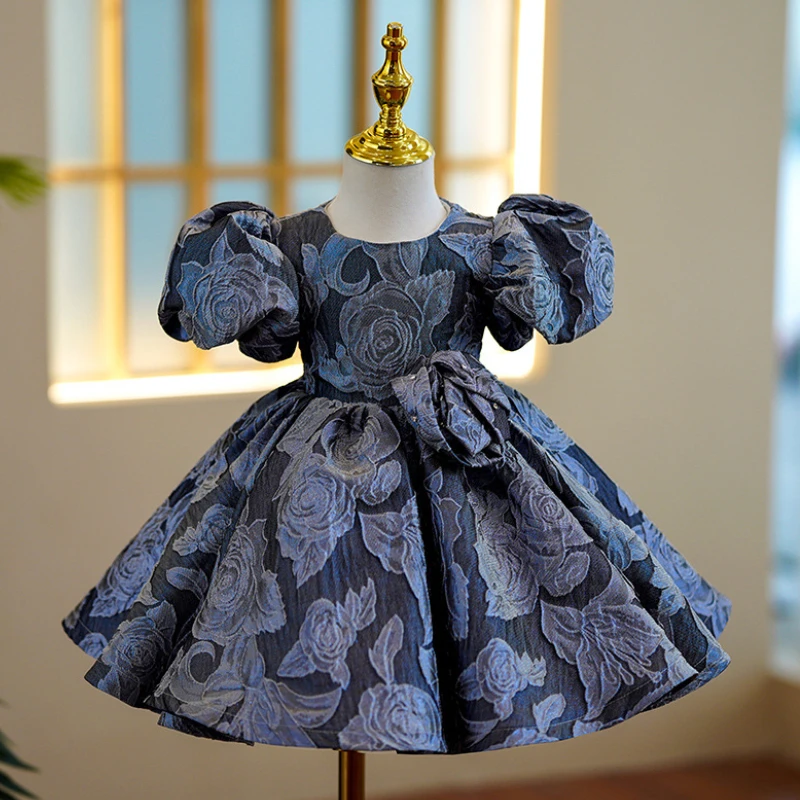 

Elegant Temperament O-Neck Puff Sleeve Girls Birthday Gowns Flower Girl Dress Print Appliques Princess Junior Bridesmaid Dresses