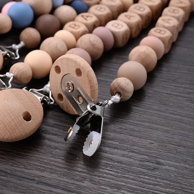 Baby Personalized Name Pacifier Clips Silicone Wooden Beech Beads Anti-Lost Pacifier Chain for Dummy Nipple Holder BPA Free 6