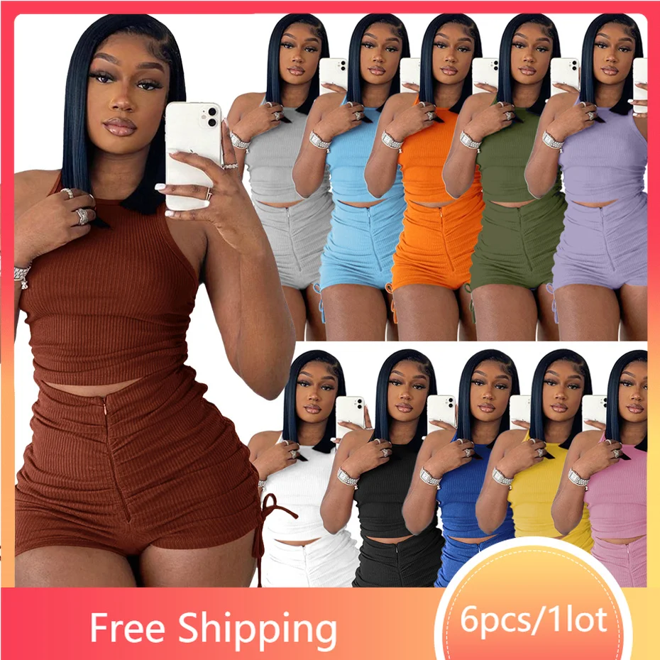 

Женский спортивный костюм из 2 предметов, повседневный однотонный топ с круглым вырезом и шорты, 6 комплектов, B8765