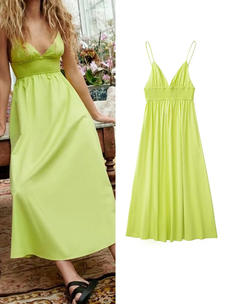 

TFMLN 2022 Summer Women Camisole Dress Solid A-Line Elegant Beach Style Elastic Sleeveless Backless Femal Mid-Calf Outwear