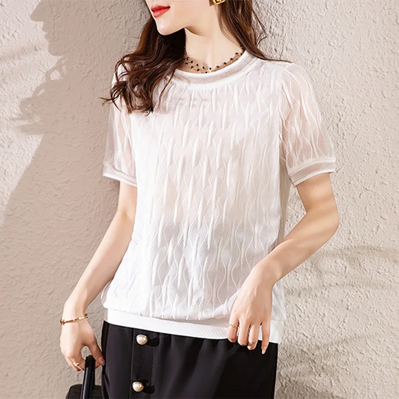 

Loose Pleated White Blouse Women Clothing 2022 Short Sleeve Summer Tops Casual Women's Shirts Fashion O Neck Solid Blouses 21603