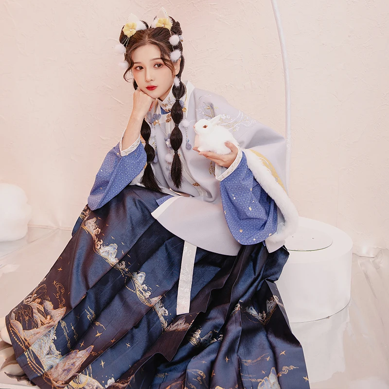 

Hanfu Clothes Chinese Traditional Ancient Female Daily Suit Ming Dynasty Folk Dance Costumes Mamian Skirt Blue Hanfu DQL5103