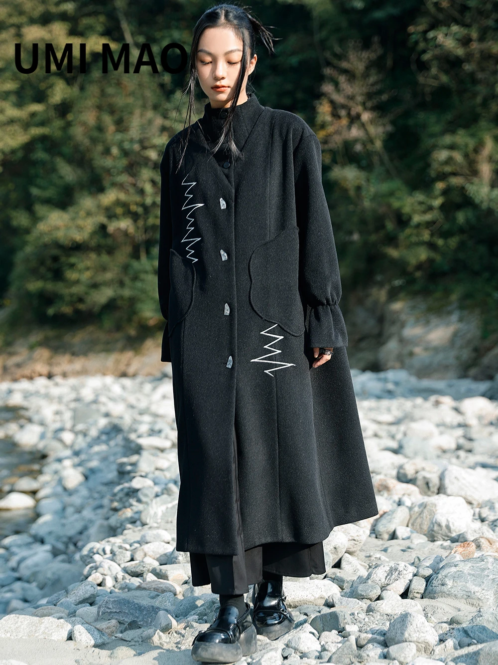 

UMI MAO Yamamoto Dark Niche Design Sense Two Wearing Coat Women's Autumn Winter New Style Versatile Embroidered Woolen Coat Y2K