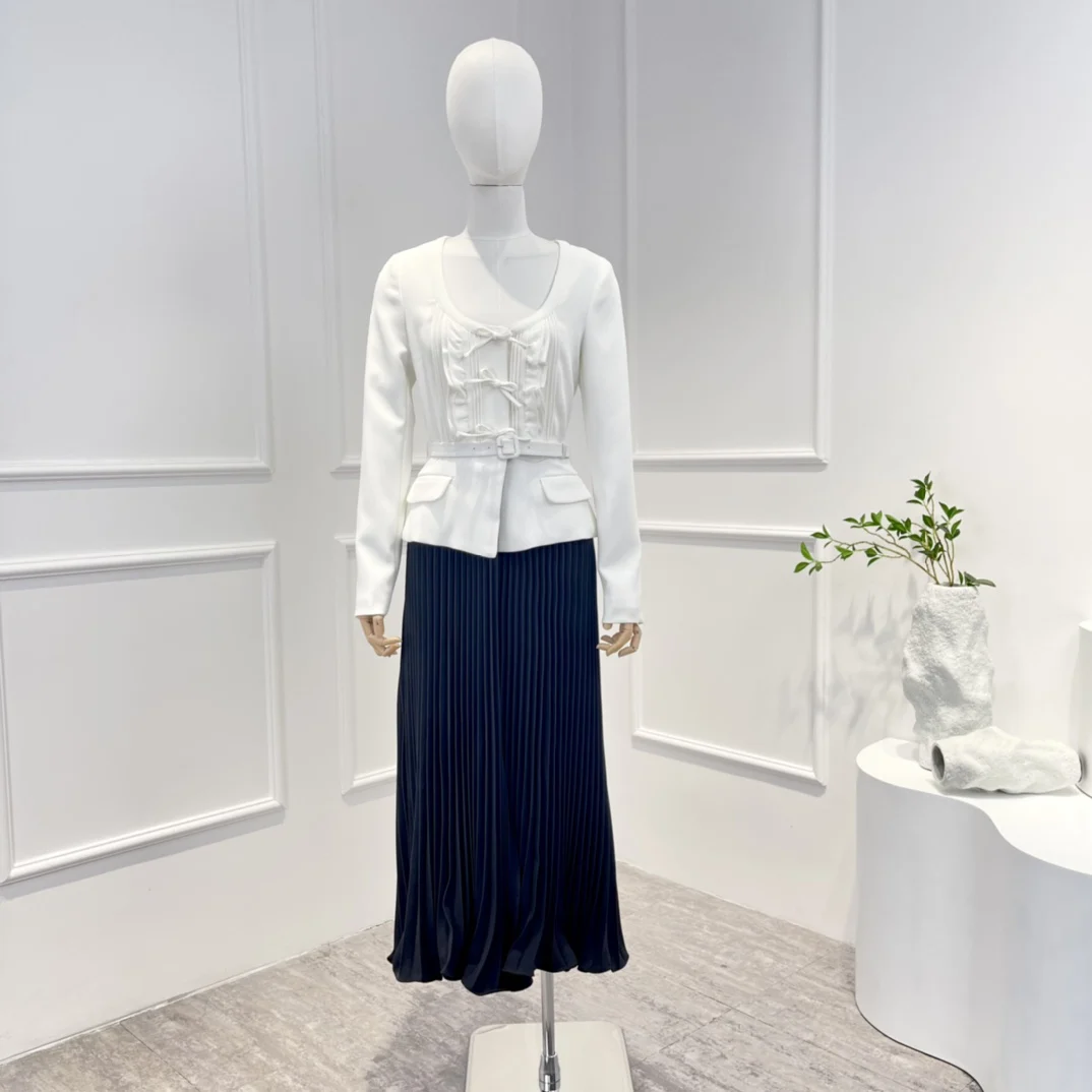 

Black Dresses Women 2022 Autumn High Quality Ruched Faux Two-piece Long Sleeve Pleat Office Lady Clothes