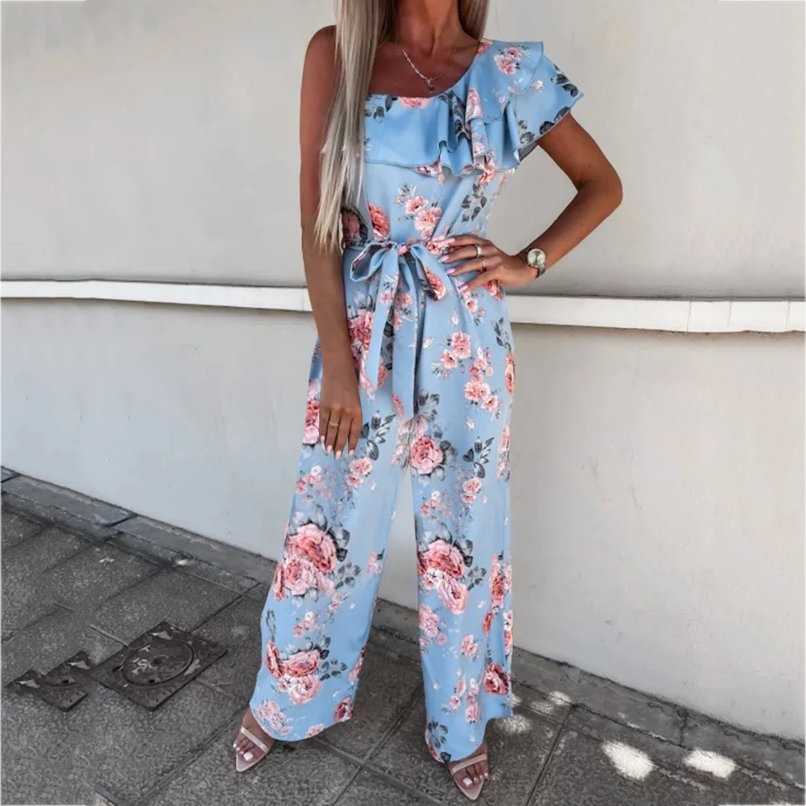 

Women Loose Sleeveless Floral Print Rompers High Waist Long Jumpsuit Combinaison Femme