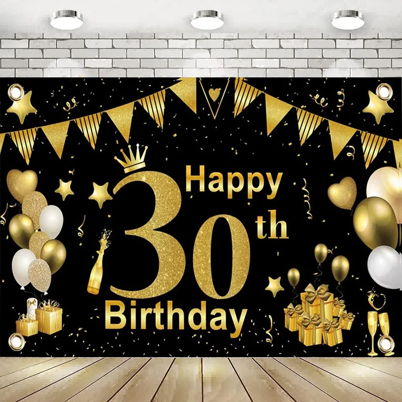 

Happy 30th Birthday Photography Backdrop Banner Extra Large Black Gold Background Banner Poster Decor Party Balloon Gift Lover