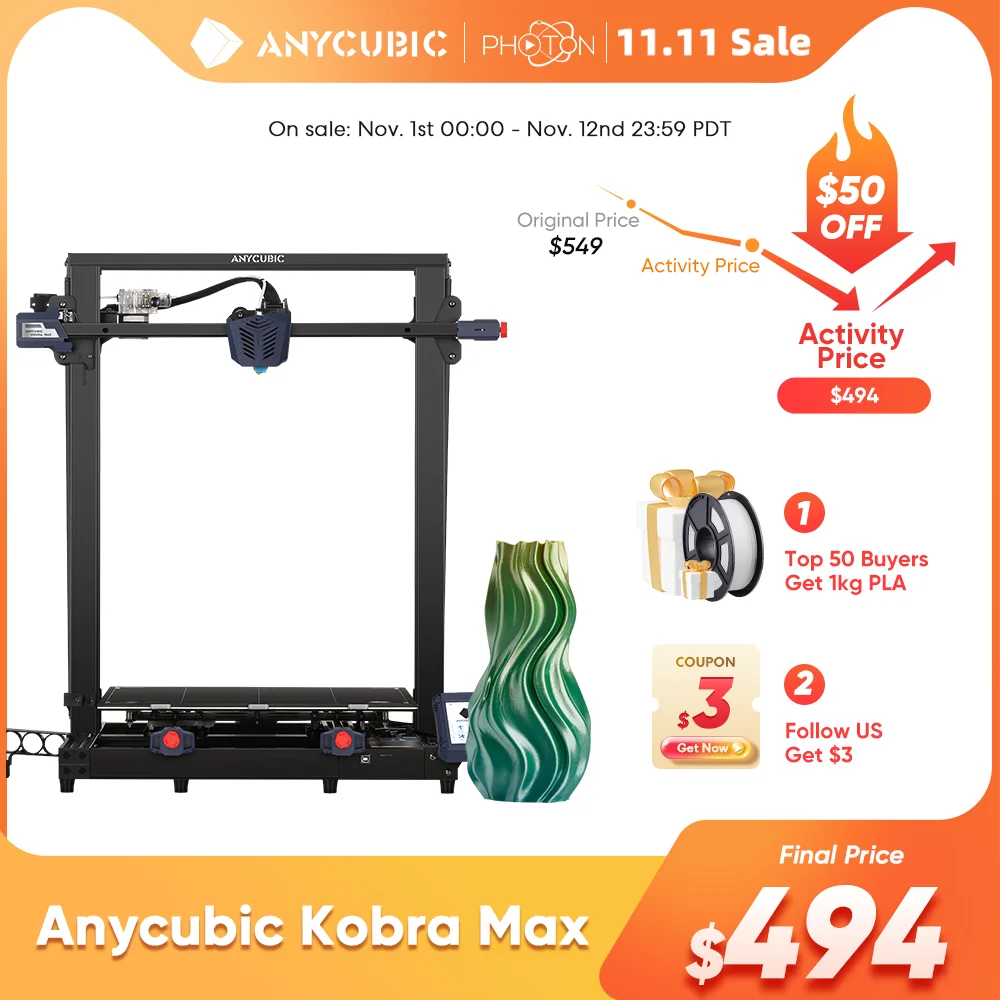 

ANYCUBIC KOBRA MAX 3D Printer Huge Print Size FDM 3d Printers Double Z-axis Smart auto-leveling Printing