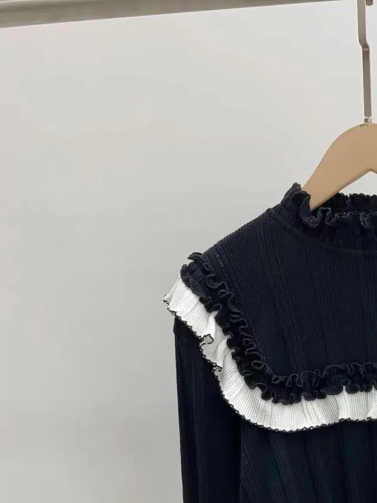 

Women Ruffles Collar SweaterLong Sleeve Color Patchwork 2022 Autumn Female Pullover Black Knit Top