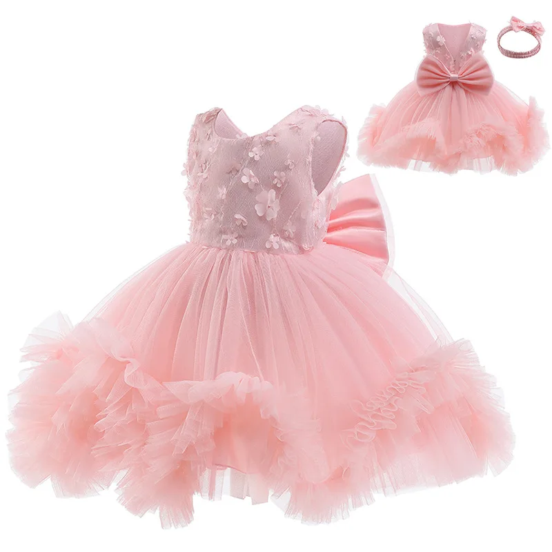 

Детские платья для девочек, розовое Сетчатое асимметричное платье принцессы, детская одежда для малышей, без рукавов, с бантом на спине, диз...