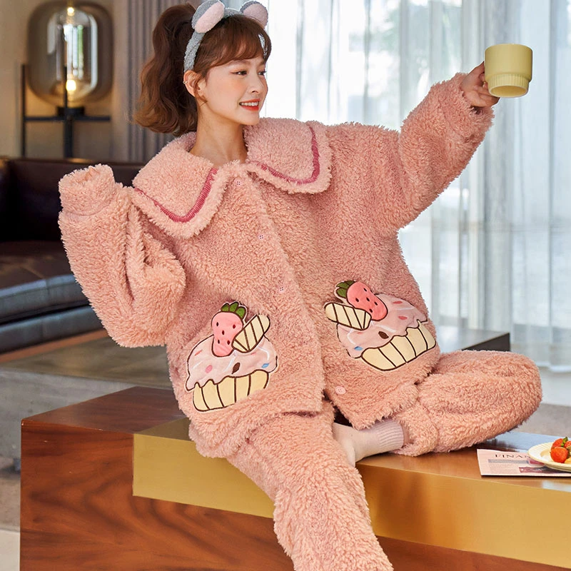 

Зимние утепленные женские пижамные комплекты, мягкая теплая пижама из кораллового флиса, пижамы, 2 шт., мультяшная Милая домашняя одежда для девочек, Корейская свободная Пижама