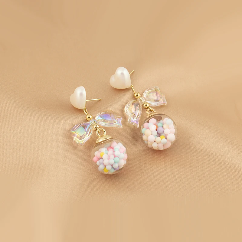 Милые серьги-гвоздики с бантом Sweet Love женские цветные стеклянные шарики макарон