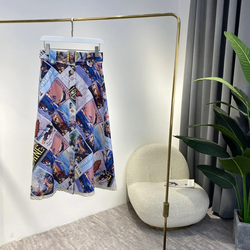 

Women Clothes with Belt 2022 Spring Summer New Australia Fashion High Quality Blue Pink Kawaii Postcard Letter Print Skirt