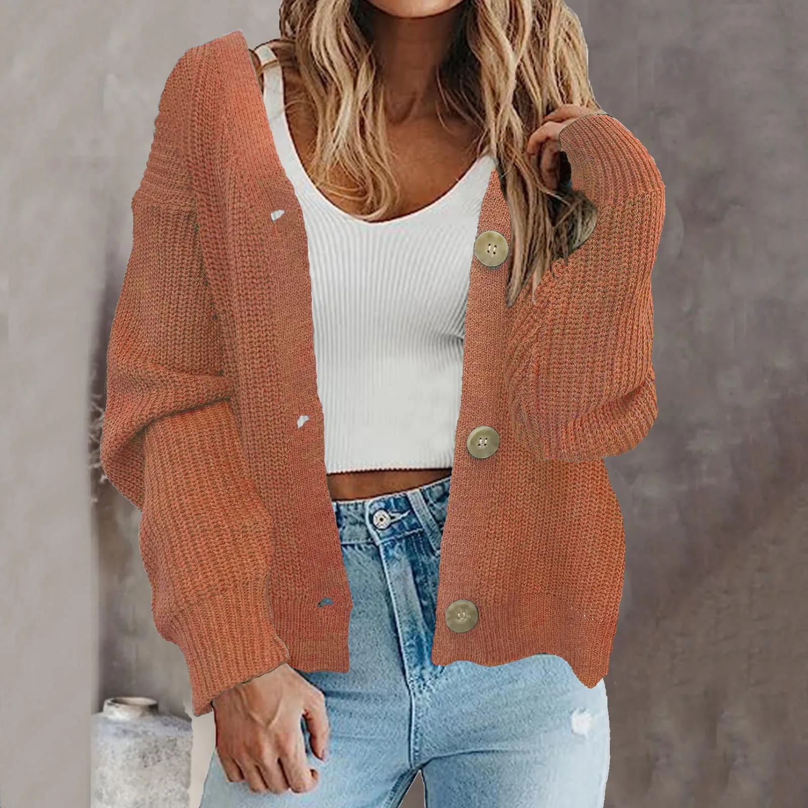 

Women'S Casual Fashion Solid Color Short Sweater Knitted Cardigan New Autumn Winter 2023 Loose Long Sleeve Jacket Plus Size Top