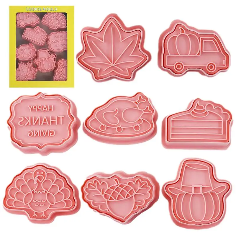 

Thanksgiving Cookie Stamps Autumn Cookie Cutters Shapes 8pcs 3D Cookie Stamper Maple Leaf Turkey Cake Pumpkin Acorn Truck Fall