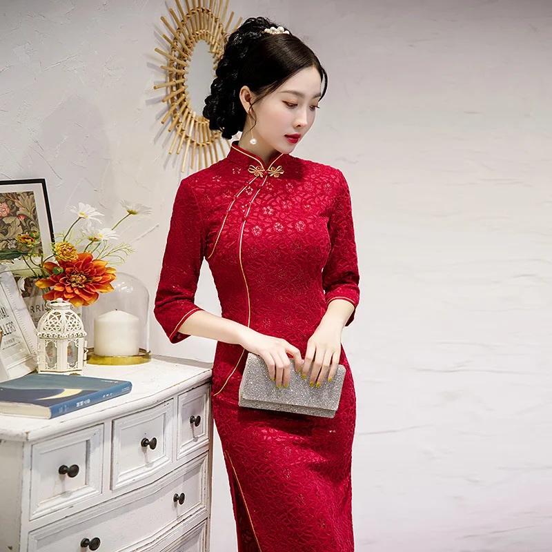 

Sheng Coco Women Red Lace Medium Length 3/4 Sleeve Daily Cheongsam Dresses New Improved Fit Chinese Oriental Style Dress