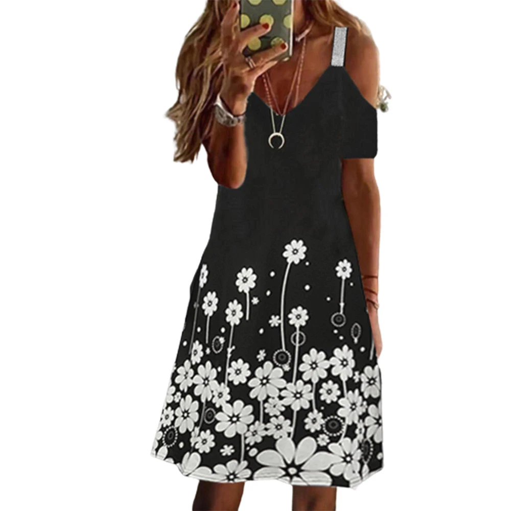 

Women Knee Length Summer Printing Floral Fashion Cold Shoulder Sleeve V-Neck Dress