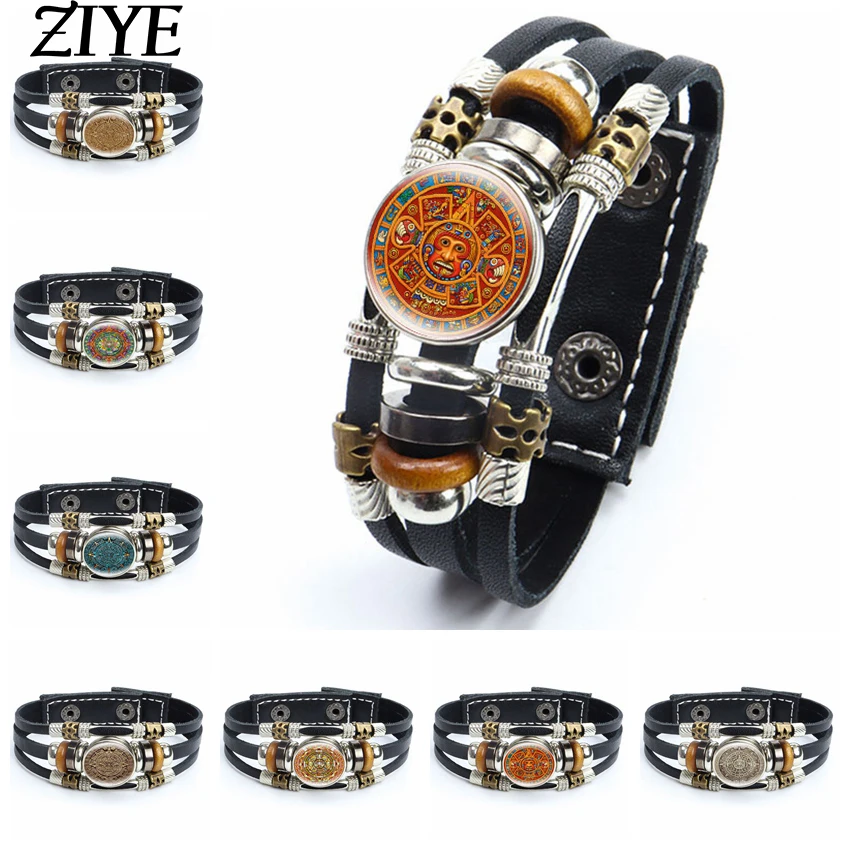 

Aztec Calendar Mexico Art Leather Bracelet for Women Men Glass Cabochon Multilayer Punk Beads Button Braided Bangle Jewelry Gift