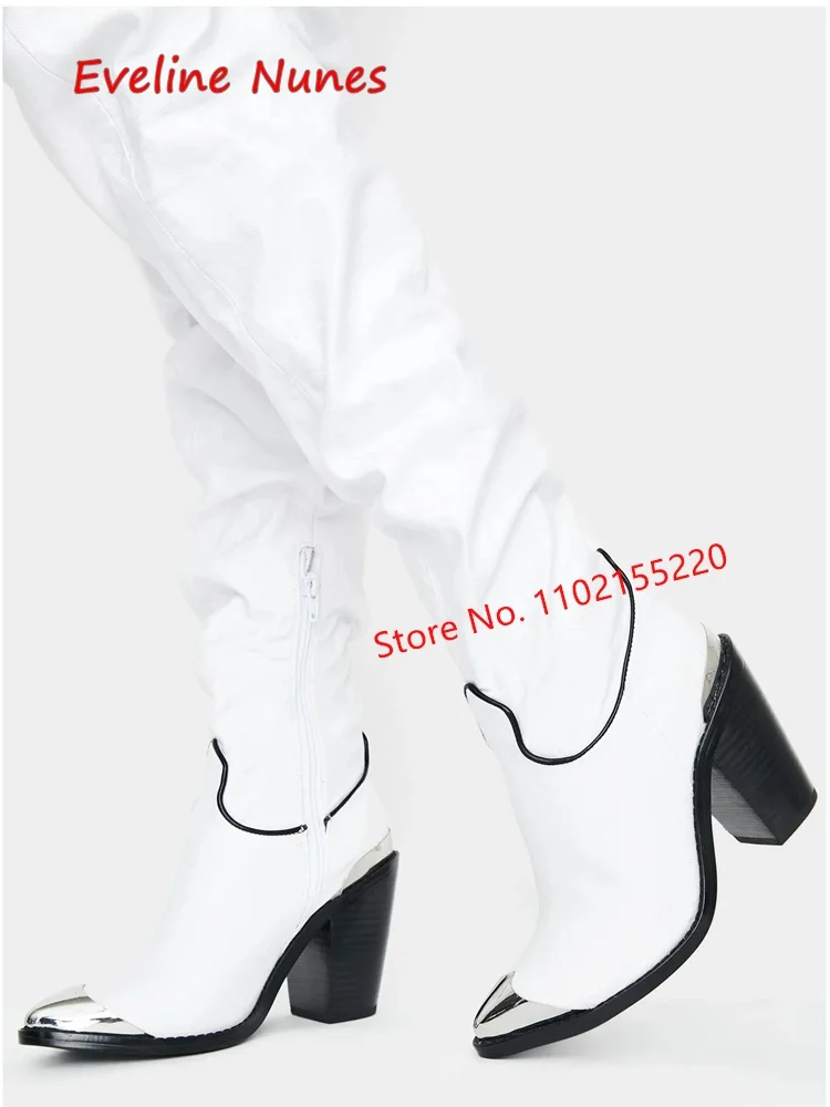 Winter White Fashion Boots 2022 Women's Leather Mixed Colors Buckle Pointed Toe Chunky Heel Sexy Plus Size Catwalk Shoes